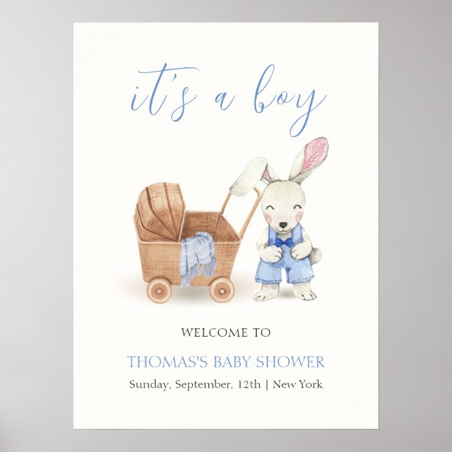 Boho Stroller Rabbit Boy Babydusche Willkommen Poster (Vorne)