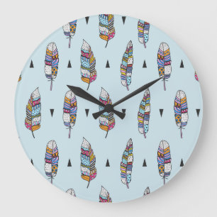 Boho Style Feather Hand Drawn Große Wanduhr