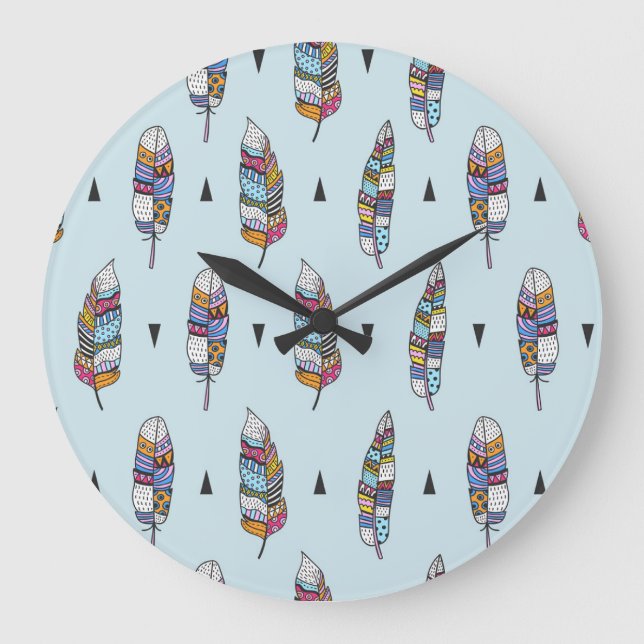 Boho Style Feather Hand Drawn Große Wanduhr (Vorderseite)