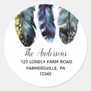 Boho Style Feathers Round Rücksendeadressen-Aufkle Runder Aufkleber
