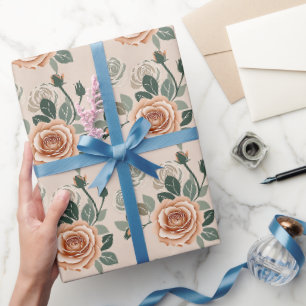 Boho Style Rosen in Pastellorange und Salbeigrün  Geschenkpapier