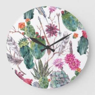 Boho Style, Vintag Cactus Watercolor. Große Wanduhr