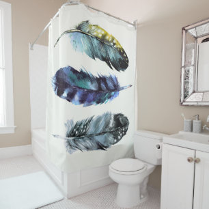 Boho Style Wasserfarbe Vögel Federn Blaue Creme Duschvorhang