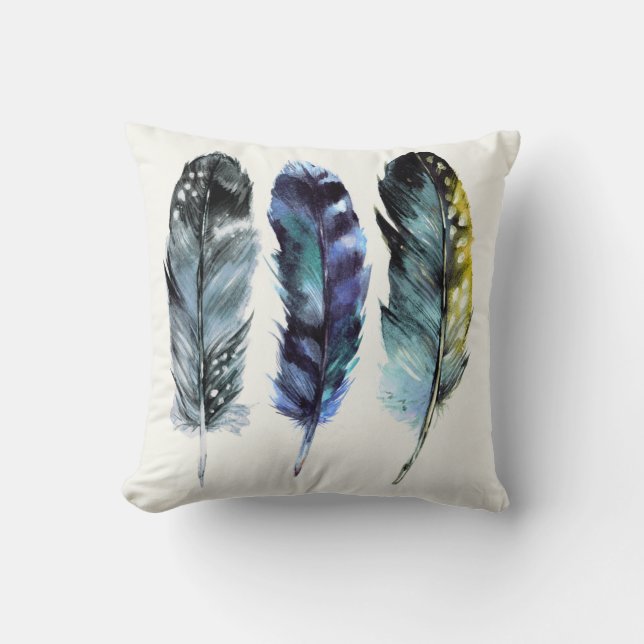 Boho Style Watercolor Birds Feathers Kissen (Vorderseite)