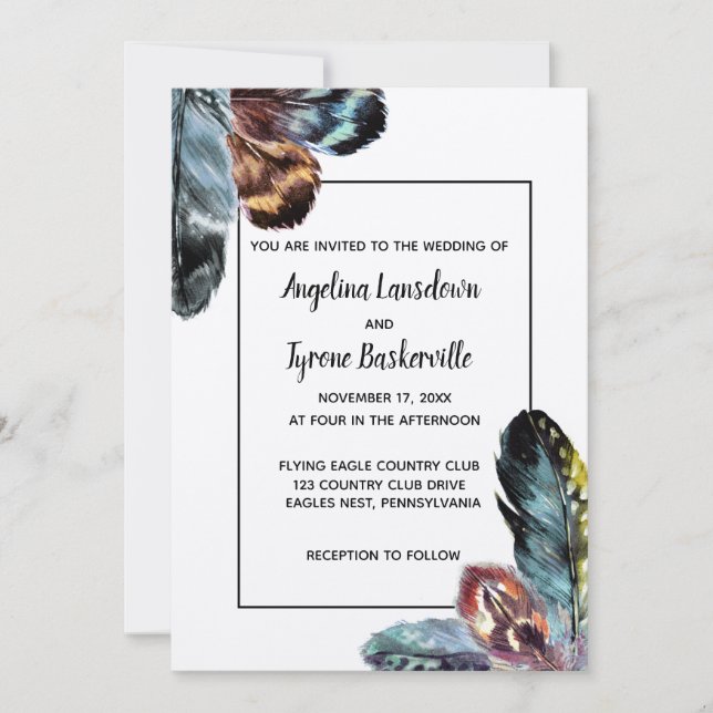 Boho Style Watercolor Feathers Custom Wedding Einladung (Vorderseite)