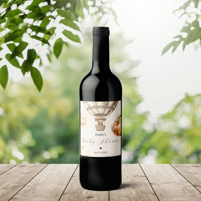 Boho Stylish Bear Air Ballon Clouds Baby Dusche Weinetikett (Boho Stylish Bear Air Balloon Clouds Baby Shower Wine Label)