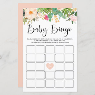Boho Succulents Baby Dusche Bingo Game Card