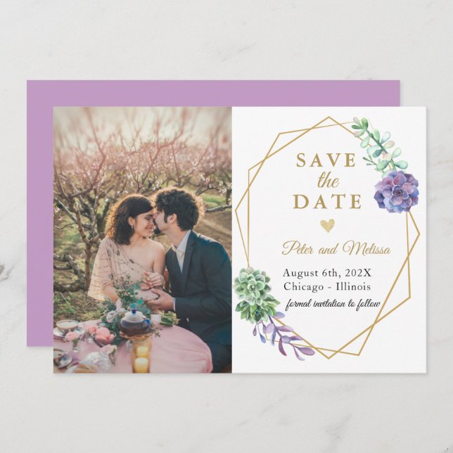 Boho Succulents Save the Date Foto Lavender Ankündigung (Vorne/Hinten)