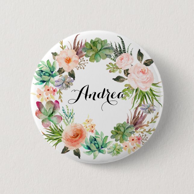 Boho SucculentsblumenWreath personalisiert Button (Vorderseite)