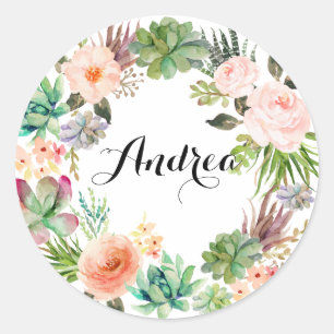 Boho SucculentsblumenWreath personalisiert Runder Aufkleber