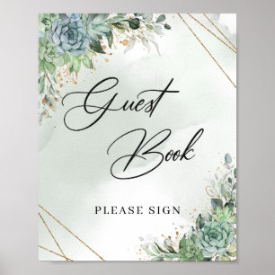 Boho succultus eucalyptus gold Guest Book Sign Poster