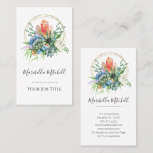 Boho Sukkulente Blume Bouquet Crystals Watercolor Visitenkarte