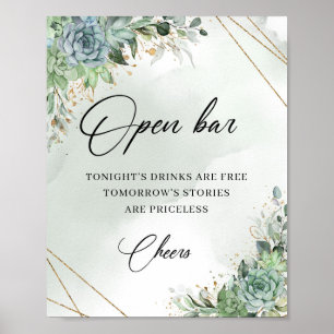 Boho-Sukkulenten Eukalyptus Gold Open-Bar-Schild Poster