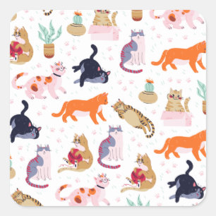 Boho Summer Cute Cats Green Cactus Quadratischer Aufkleber