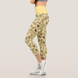 Boho Summer Floral Honey Bee Pattern Yellow Niedli Capri Leggings