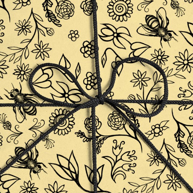 Boho Summer Floral Honey Bee Pattern Yellow Niedli Geschenkpapier (Von Creator hochgeladen)