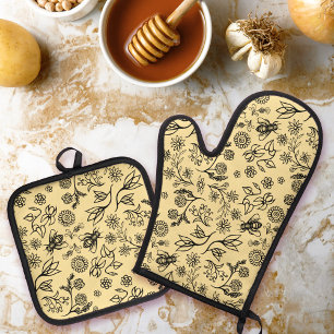 Boho Summer Floral Honey Bee Pattern Yellow Niedli Ofenhandschuh & Topflappen-Set
