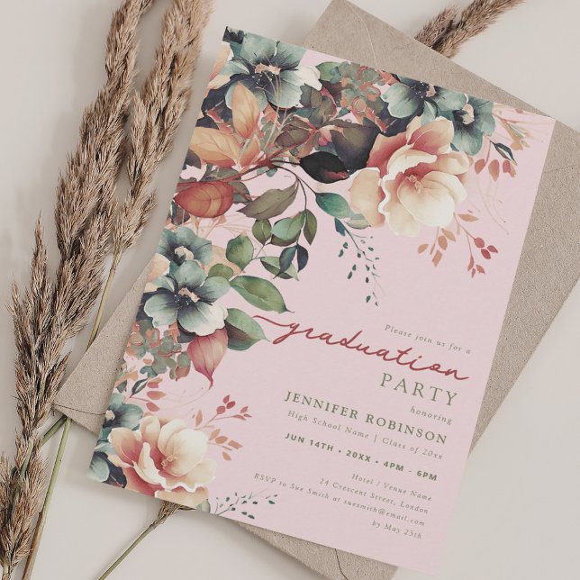 Boho Summer Garden Abschluss Bloral Blush Einladung (Boho Summer Garden Floral Graduation Blush Invitation)