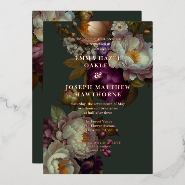 Boho Summer Rose Vintage aestethische Hochzeit Folieneinladung (Vorderseite/Rückseite)