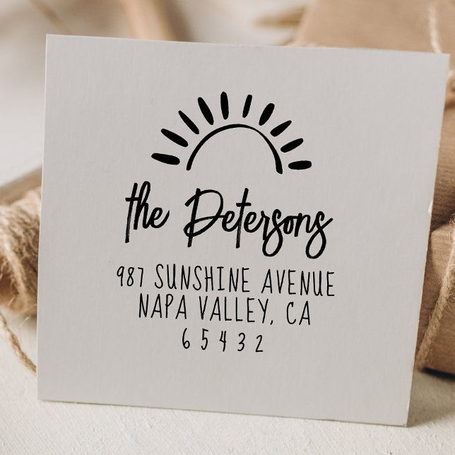 Boho Sun Modern Family Name Cute Return Address Gummistempel (Rubber Stamp Mock-up)