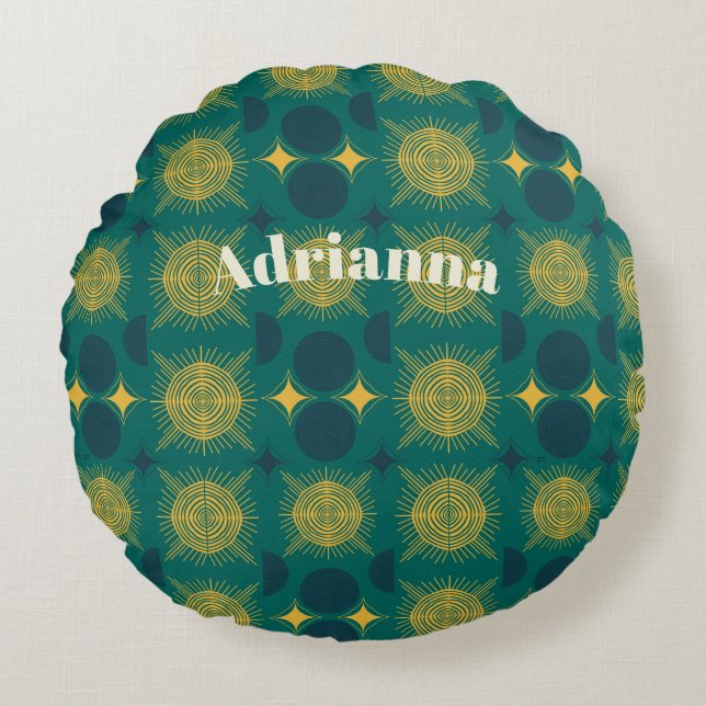 Boho Sun Moon Stars Baby Aquamarin gelb Personalis Rundes Kissen (Vorderseite)