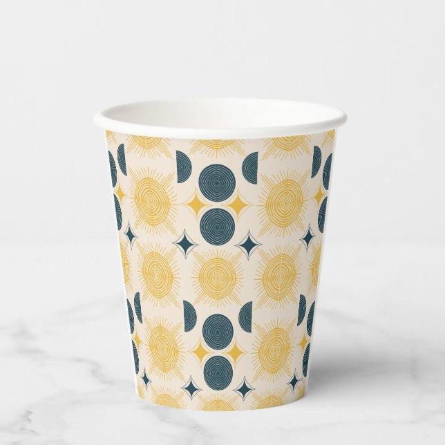 Boho Sun Moon Stars Blue Yellow Pappbecher (Vorderseite)