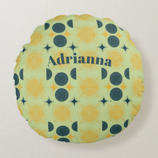 Boho Sun Moon Stars Minz Blue Yellow Personalisier Rundes Kissen