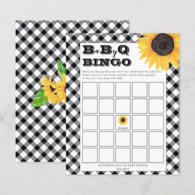Boho Sunblumen | BW Karos Baby Shower Bingo Invi (Vorne/Hinten)