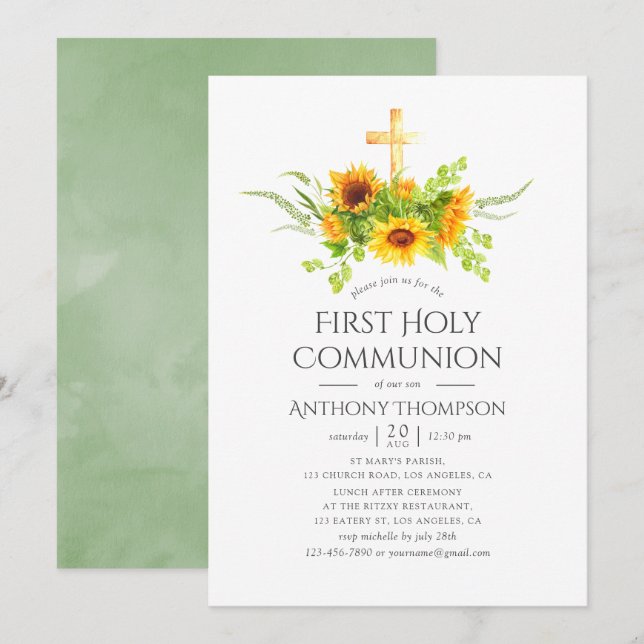 Boho Sunbluwers Erste Heilige Kommunion Einladung (Vorne/Hinten)