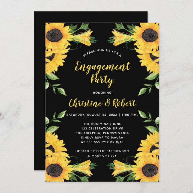 Boho Sunflower | Black Engagement Party Einladung (Vorne/Hinten)