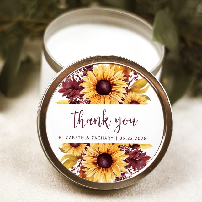Boho Sunflower Burgundy Floral Wedding Vielen Dank Runder Aufkleber (Von Creator hochgeladen)
