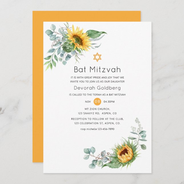 Boho Sunflower Eucalyptus Bat Mitzvah Einladung (Vorne/Hinten)