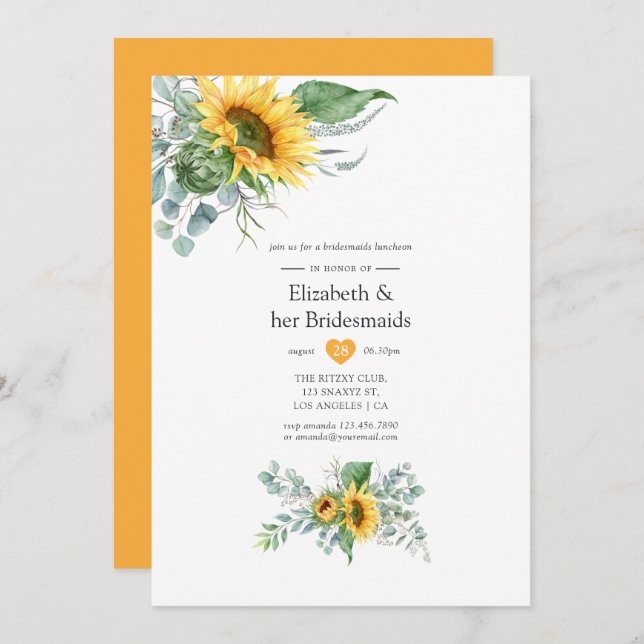 Boho Sunflower Eucalyptus Bridesmaids Luncheon Einladung (Vorne/Hinten)