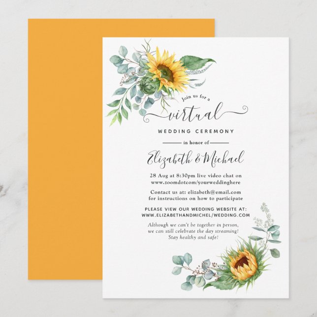 Boho Sunflower Eucalyptus Online Virtual Wedding Einladung (Vorne/Hinten)