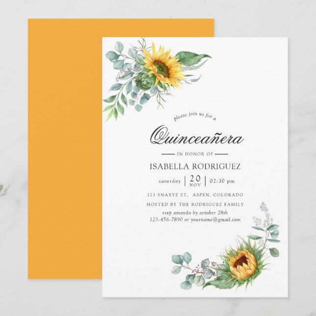 Boho Sunflower Eucalyptus Quinceañera Einladung (Vorne/Hinten)