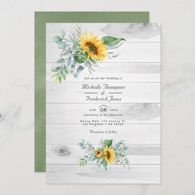 Boho Sunflower Eucalyptus Rustic Country Wedding Einladung (Vorne/Hinten)