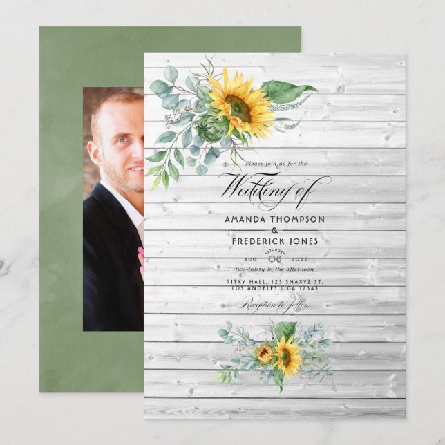 Boho Sunflower Eucalyptus Rustic Country Wedding Einladung (Vorne/Hinten)