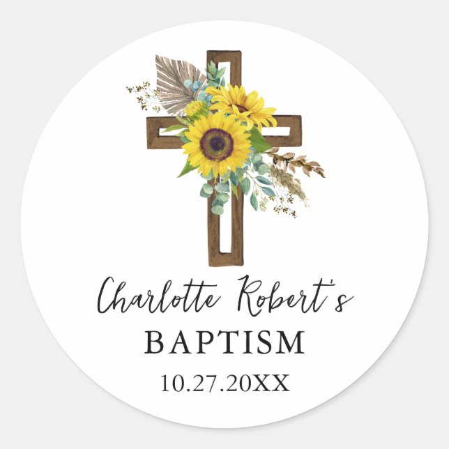 Boho Sunflower & Eucalyptus Rustic Cross Baptism Runder Aufkleber (Vorderseite)