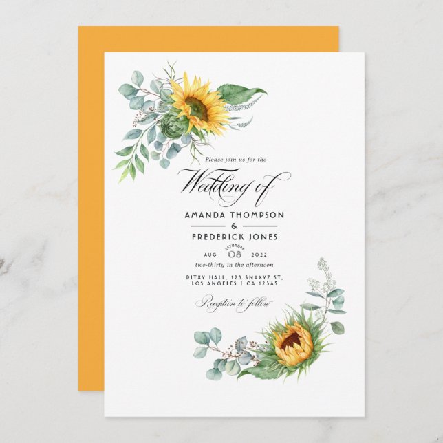 Boho Sunflower Eucalyptus Wedding Foto Einladung (Vorne/Hinten)