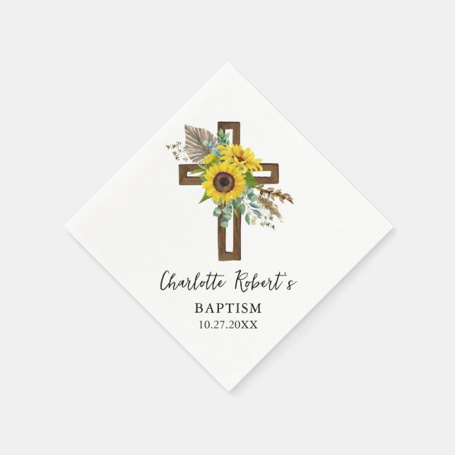 Boho Sunflower & Eukalyptus Rustikale Kreuztaufe Serviette (Ecke)