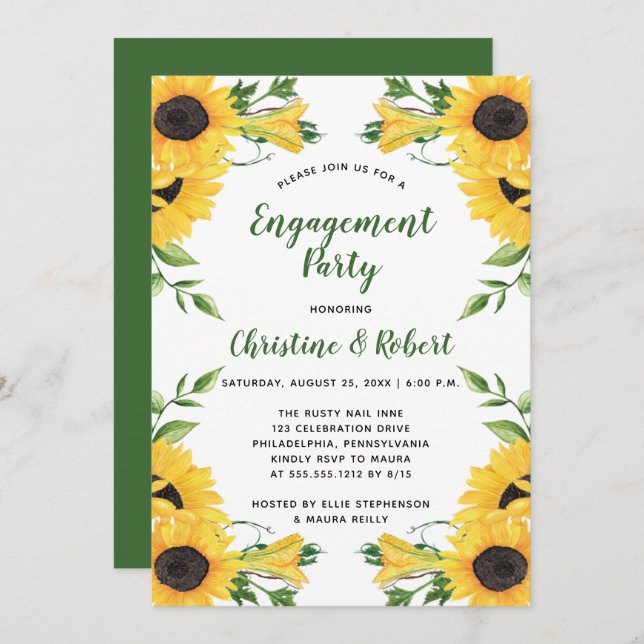 Boho Sunflower | Green Engagement Party Einladung (Vorne/Hinten)