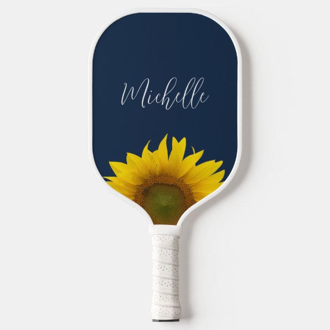 Boho Sunflower Navy Blauer Elegant Personalisiert Pickleball Schläger (Vorderseite)