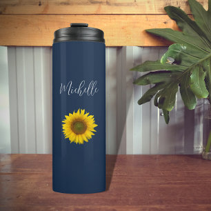 Boho Sunflower Navy Blauer Elegant Personalisiert Thermosbecher