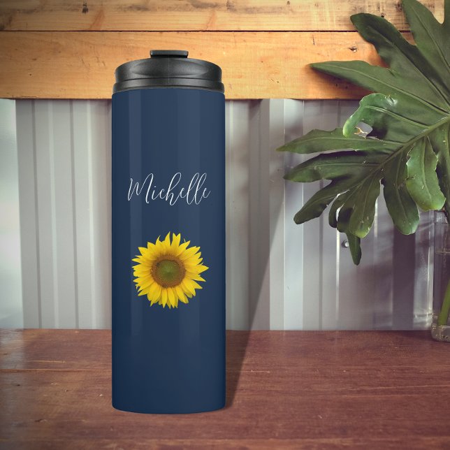 Boho Sunflower Navy Blauer Elegant Personalisiert Thermosbecher (Von Creator hochgeladen)