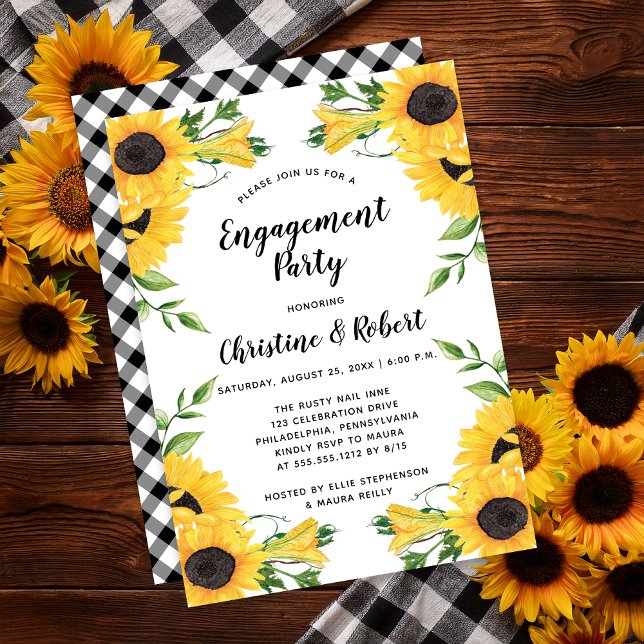 Boho Sunflower | Partei für grünes Engagement in E Einladung (Sunflowers and Black and White Checks Engagement Party Invitation - Print | Digital Download)