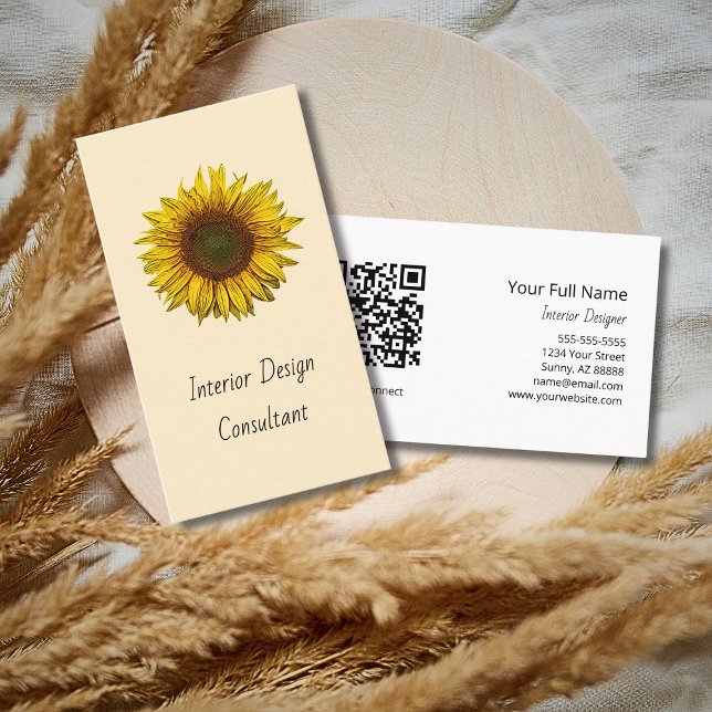 Boho Sunflower QR code Designer Rustic Cream Visitenkarte (Von Creator hochgeladen)
