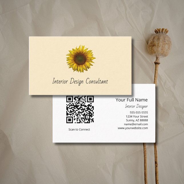 Boho Sunflower QR code Rustic Interior Designer  Visitenkarte (Von Creator hochgeladen)