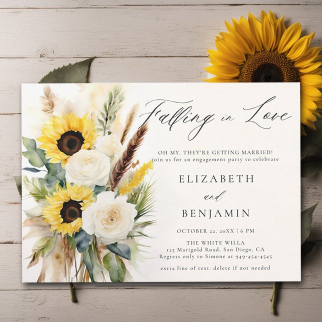 Boho Sunflower Rose Pampas Rustikale Engagement Pa Einladung (fall engagement party invitation rustic sunflower rose boho pampas dry grass watercolor elegant rust)