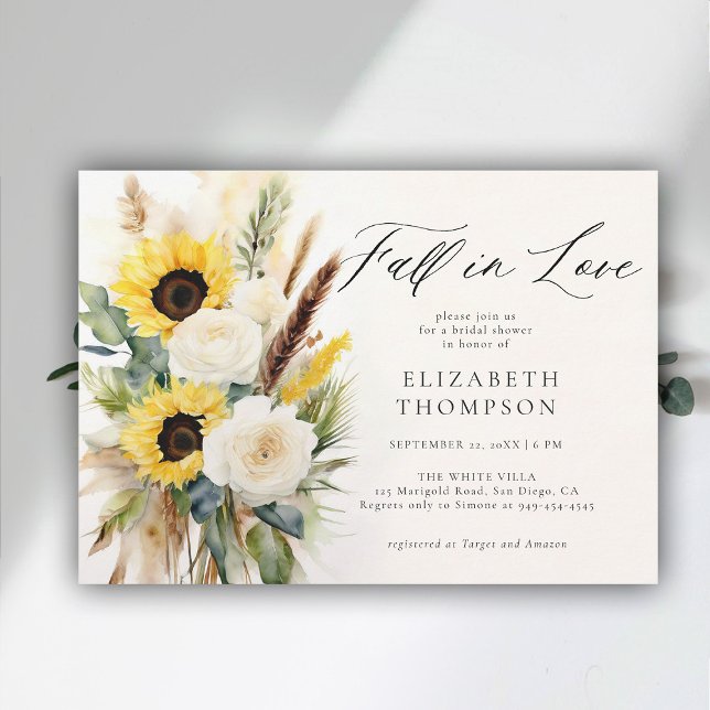 Boho Sunflower Rose Pampas Rustikales Brautparty Einladung (fall in love bridal shower invitation sunflower boho pampas terracotta watercolor elegant modern )