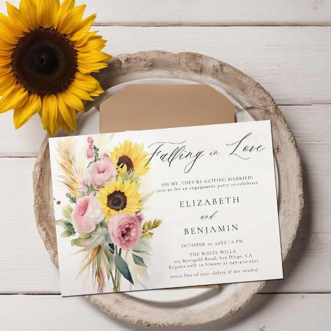 Boho Sunflower Rose Peony Pampas Engagement Party Einladung (fall engagement party invitation rustic sunflower rose peony boho pampas dry grass watercolor chic)